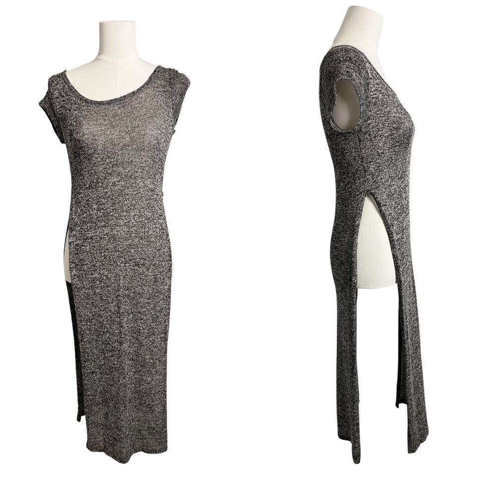 Love J Maxi Dress Small Beige Cutout Side Slit Stretch Knit Tunic Boho Festival